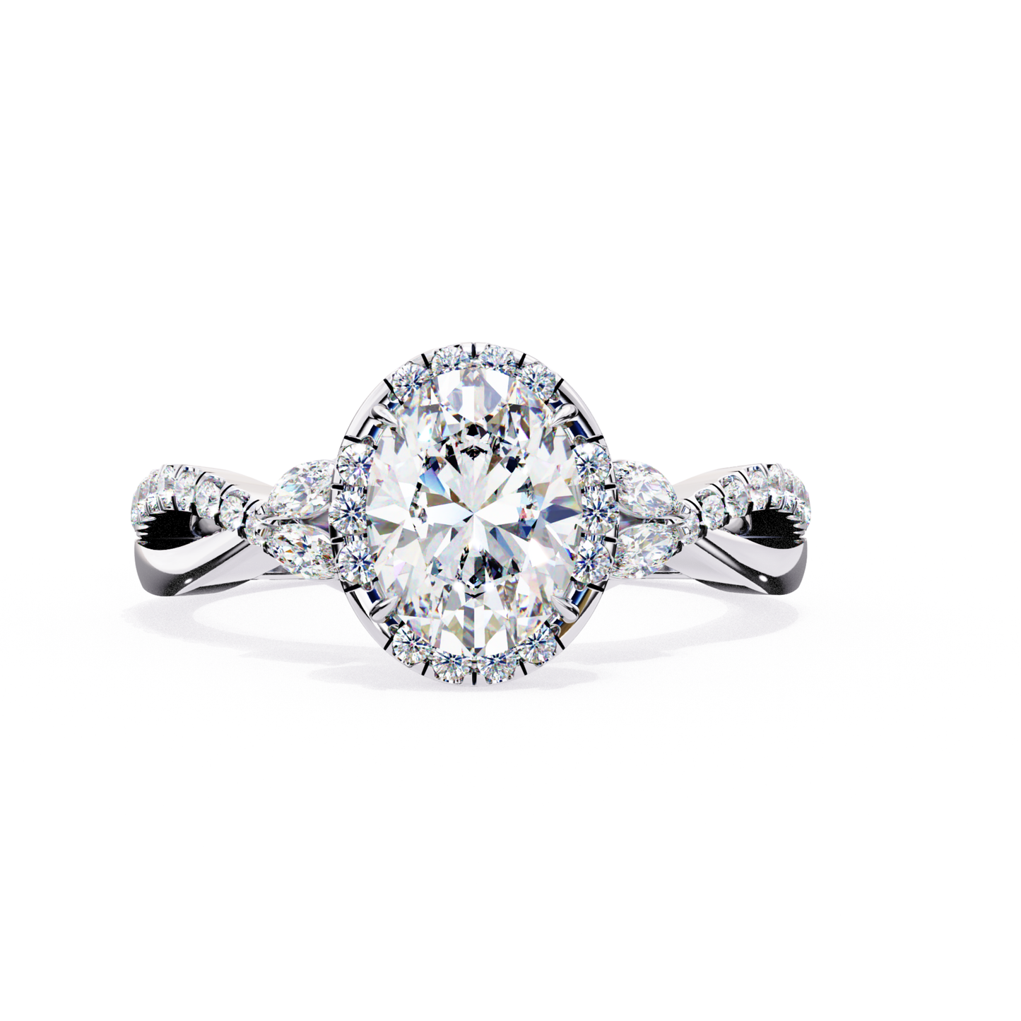 Oval Halo Diamond Ring White Gold Twist Band
Oval Diamond Halo Ring With Marquise Side Stones
White Gold Oval Diamond Engagement Ring Design
Oval Diamond Ring With Twisted Pave Shank
Halo Oval Diamond Ring With Leaf Side Accents
Oval Center Diamond Ring With Diamond Halo
Twisted White Gold Oval Diamond Ring Setting
Oval Diamond Engagement Ring Front View White Gold
Oval Halo Ring With Marquise Diamond Side Stones
White Gold Oval Diamond Halo Engagement Ring