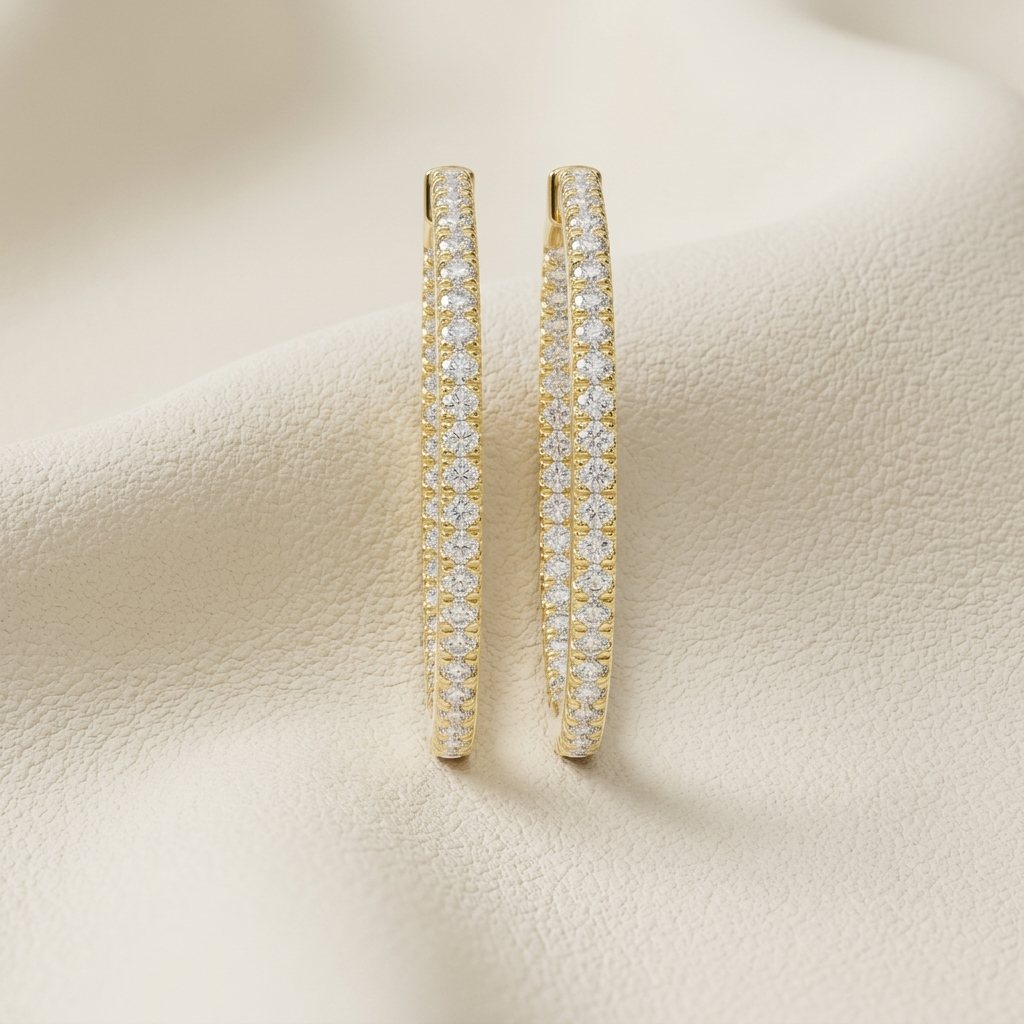Classic yellow gold diamond hoop earrings
Slim pavé diamond hoop earrings
Elegant yellow gold hoop earrings with diamonds
Luxury round diamond hoop earrings
Fine jewelry gold hoop earrings
Sparkling diamond hoops close up
Modern yellow gold diamond earrings
Premium diamond hoop jewelry
Timeless gold hoop earrings
Brilliant diamond hoop earrings product photo