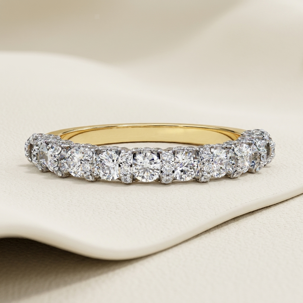 Yellow gold band with graduated round diamond arrangement
Brilliant center diamonds framed by delicate cluster stone accents
Elegant diamond band featuring alternating large and petite round stones
Sparkling gold band with layered floral inspired diamond clusters
Graduated brilliant diamonds arranged across a graceful curved setting
Fine jewelry band showcasing prominent stones with clustered side details
Radiant diamond band featuring a richly textured stone sequence
Refined yellow gold band with varied si