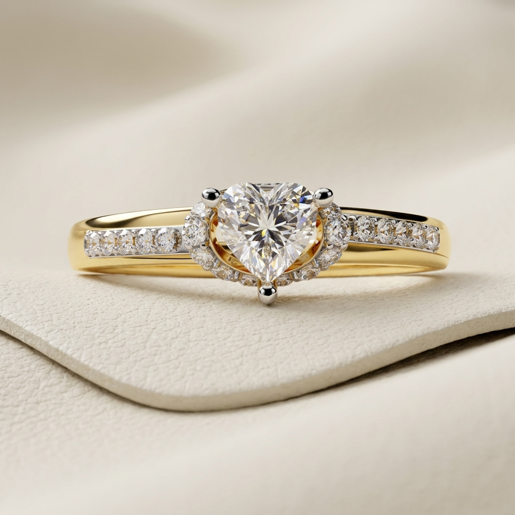 Yellow gold heart diamond ring with crescent halo accents
Brilliant heart shaped center diamond with curved side halos
Elegant solitaire heart ring featuring pavé diamond shoulders
Radiant heart cut diamond set above a sculpted gold basket
Refined yellow gold ring with sparkling crescent diamond details
Three prong heart diamond centerpiece on a pavé accented band
Graceful engagement ring showcasing a luminous heart shaped stone
Curved diamond clusters framing a brilliant heart solitaire
Polished gold ring 