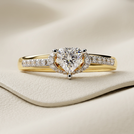 Yellow gold heart diamond ring with crescent halo accents
Brilliant heart shaped center diamond with curved side halos
Elegant solitaire heart ring featuring pavé diamond shoulders
Radiant heart cut diamond set above a sculpted gold basket
Refined yellow gold ring with sparkling crescent diamond details
Three prong heart diamond centerpiece on a pavé accented band
Graceful engagement ring showcasing a luminous heart shaped stone
Curved diamond clusters framing a brilliant heart solitaire
Polished gold ring 