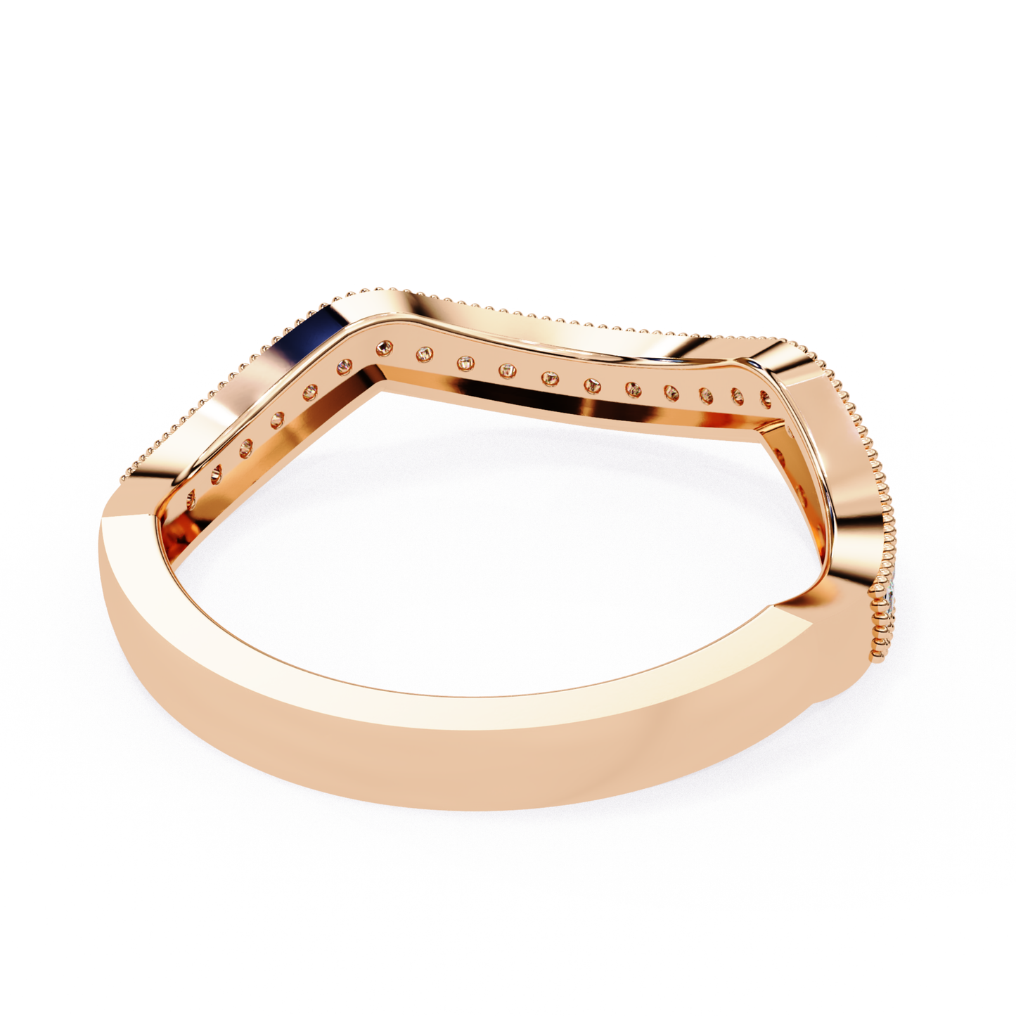 Inside view of curved diamond band in rose gold