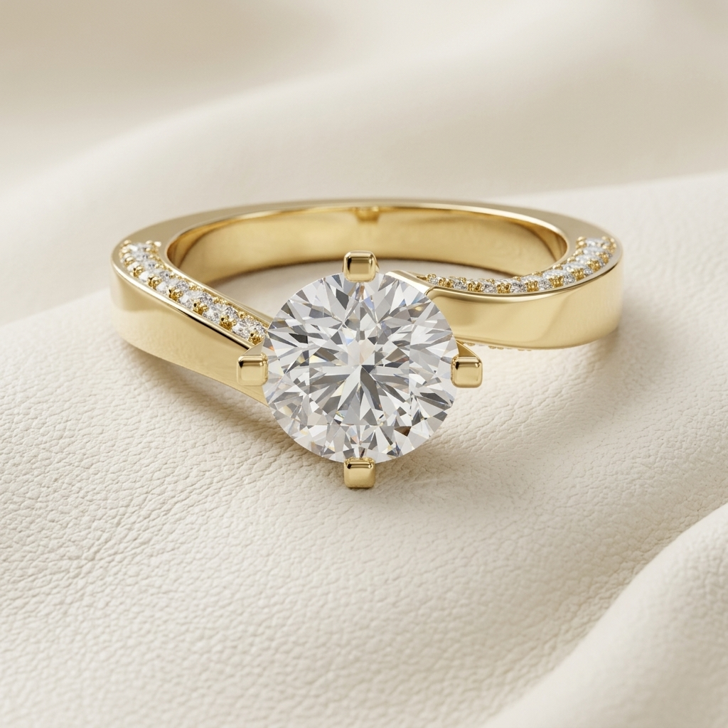 Yellow gold ring with round solitaire diamond and curved pavé band
Elegant round diamond engagement ring with sweeping gold design
Luxury gold solitaire ring featuring a sparkling pavé accent
Modern round cut diamond ring with asymmetrical curved band
Designer yellow gold ring with brilliant center diamond
Sophisticated solitaire engagement ring with delicate pavé stones
Fine jewelry ring featuring a round diamond and flowing gold band
Contemporary gold diamond ring displayed on an ivory surface
Sparkling r