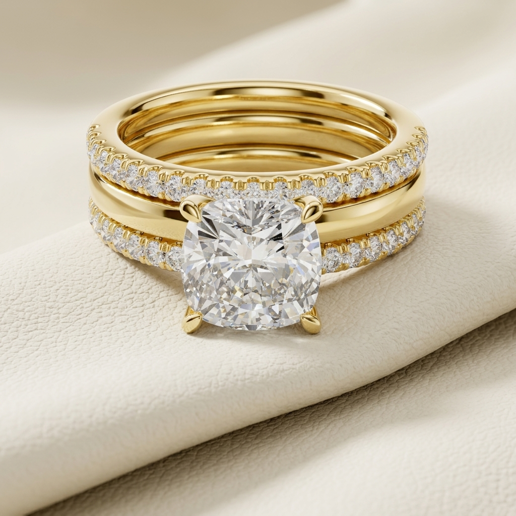 Cushion cut diamond engagement ring with matching bands
Luxury gold bridal ring set with halo diamond bands
Elegant stacked rings with large cushion cut diamond center
Fine jewelry bridal set with pavé diamond bands
Premium engagement ring with double band diamond design
Stylish gold ring set with cushion cut diamond centerpiece
Sophisticated bridal rings with layered diamond bands
High end engagement ring set with sparkling diamond details
Modern stacked ring set with cushion diamond and pavé bands
Classic