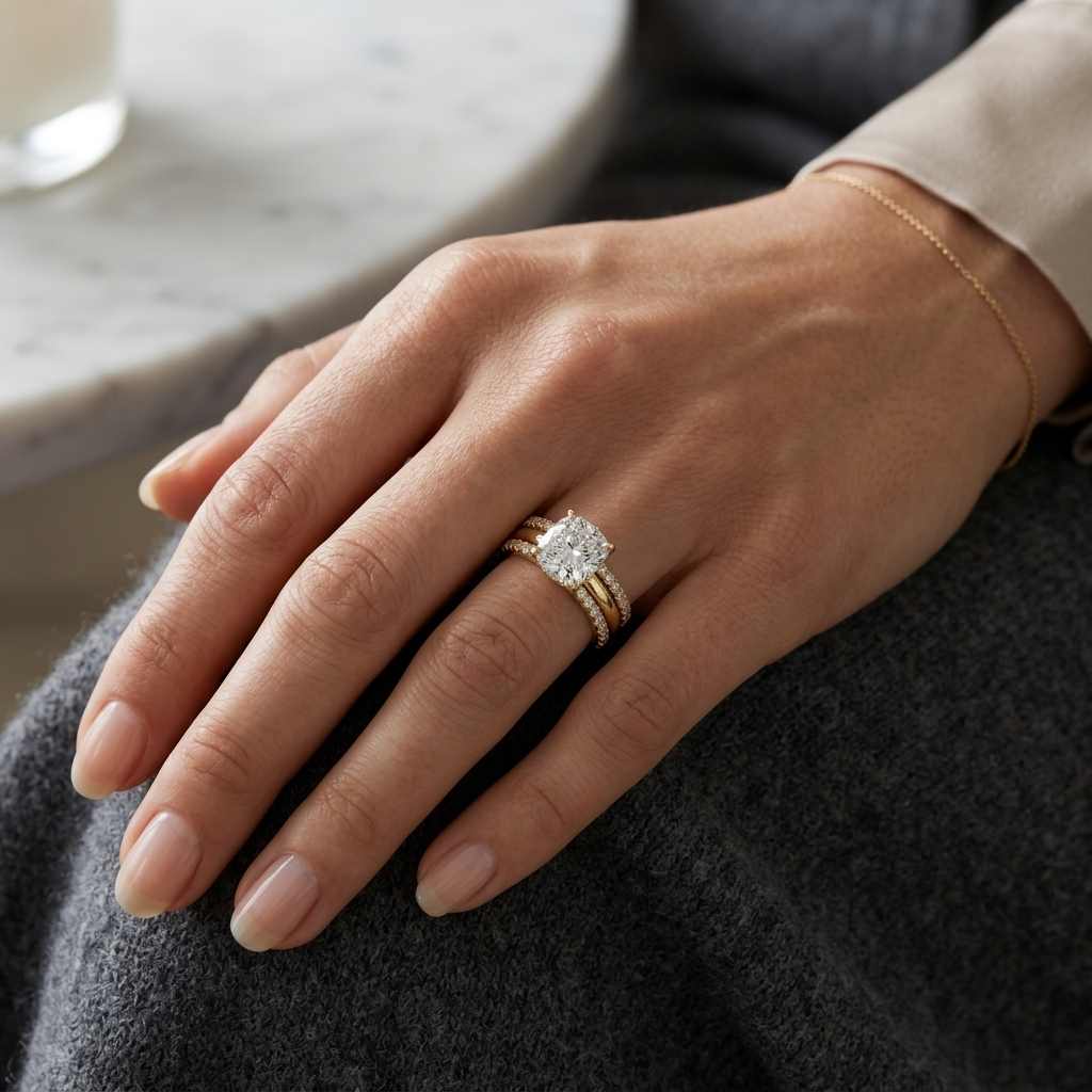 Cushion cut diamond ring with double pavé band design
Elegant gold ring with center cushion diamond on hand
Luxury engagement ring with split pavé diamond bands
Fine jewelry ring with cushion cut diamond close up
Premium gold ring with sparkling double band setting
Stylish hand wearing cushion diamond with pavé bands
Sophisticated engagement ring with layered diamond bands
Modern ring design with cushion diamond centerpiece
High end gold ring with detailed pavé band work
Classic engagement ring with cushion