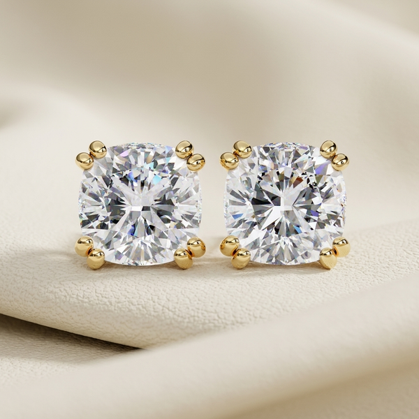 Cushion Cut Lab Grown Diamond Solitaire Stud Earrings in yellow gold