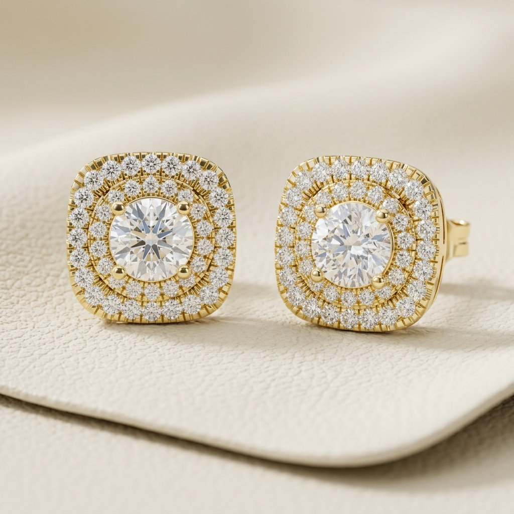 Yellow gold cushion halo diamond stud earrings with brilliant round center diamonds.
Elegant cushion-shaped halo diamond studs crafted in polished yellow gold.
Luxury yellow gold diamond stud earrings featuring a sparkling double halo design.
Fine jewelry cushion halo earrings adorned with brilliant round diamonds.
Contemporary yellow gold halo diamond stud earrings with a refined square silhouette.
Premium cushion diamond stud earrings showcasing dazzling pavé halo detailing.
Designer yellow gold halo earr