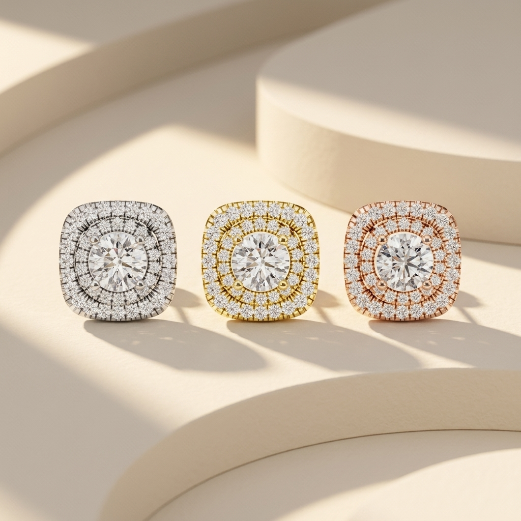 Cushion halo diamond stud earrings available in white, yellow, and rose gold finishes.
Luxury cushion halo diamond studs crafted in white, yellow, and rose gold.
Elegant cushion-shaped diamond stud earrings showcased in three premium gold tones.
Fine jewelry cushion halo earrings featuring brilliant round center diamonds in three gold finishes.
Contemporary cushion halo diamond studs with sparkling pavé halos in white, yellow, and rose gold.
Premium cushion diamond stud earrings designed in white, yellow, a