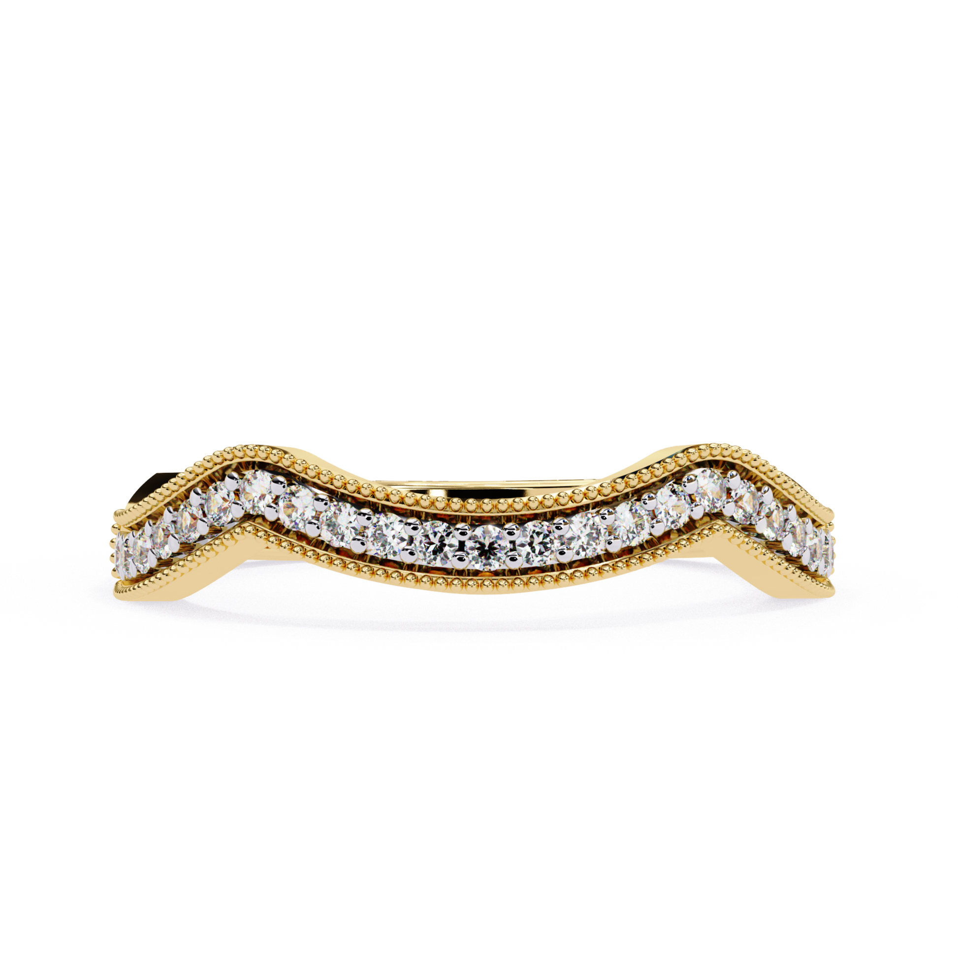 Curved diamond band in yellow gold with flowing wave design
Round Diamond Band Ring