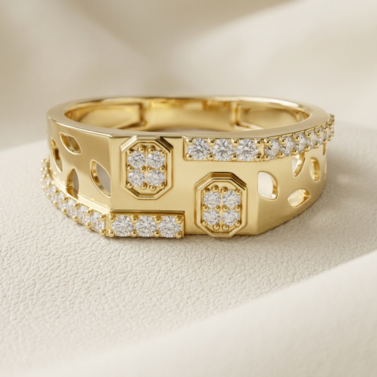 Yellow gold diamond band ring with pavé details
Wide diamond band ring in yellow gold
Luxury yellow gold diamond band ring
Modern geometric diamond band ring
Fine jewelry wide diamond ring with round diamonds
Elegant yellow gold diamond band with openwork design
Premium diamond band ring with pavé accents
Contemporary wide yellow gold diamond ring
Handcrafted geometric diamond band ring
Statement yellow gold diamond band ring