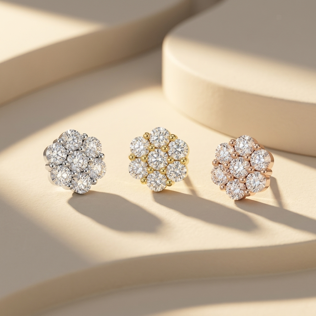 Diamond cluster stud earrings available in white, yellow, and rose gold finishes.
Luxury diamond cluster stud earrings crafted in white, yellow, and rose gold.
Elegant floral-inspired diamond cluster earrings showcased in three premium gold tones.
Fine jewelry diamond cluster studs featuring brilliant round diamonds in three gold finishes.
Contemporary diamond cluster earrings displayed in white, yellow, and rose gold.
Premium round diamond cluster stud earrings designed in three luxurious gold colors.
Desi