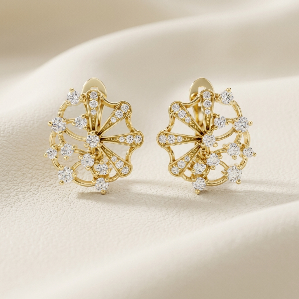 Yellow gold diamond floral fan stud earrings with brilliant round diamond accents.
Elegant fan-inspired diamond stud earrings crafted in polished yellow gold.
Luxury yellow gold floral diamond earrings featuring an artistic openwork design.
Fine jewelry diamond fan earrings adorned with sparkling pavé-set diamonds.
Contemporary yellow gold floral stud earrings with dazzling round diamond details.
Premium diamond fan earrings showcasing a graceful floral-inspired silhouette.
Designer yellow gold diamond earr