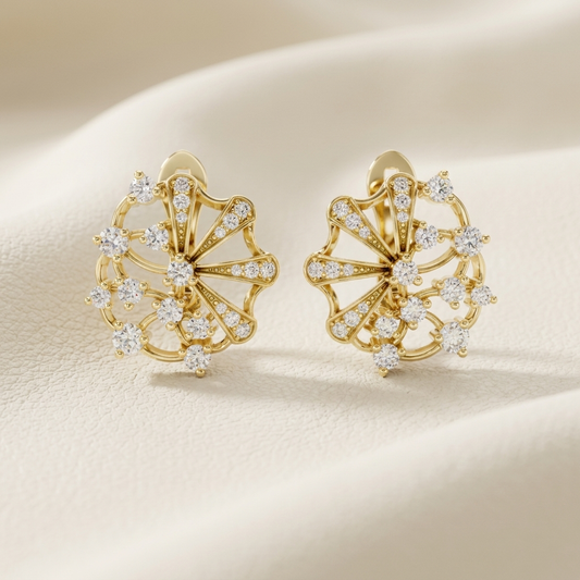 Yellow gold diamond floral fan stud earrings with brilliant round diamond accents.
Elegant fan-inspired diamond stud earrings crafted in polished yellow gold.
Luxury yellow gold floral diamond earrings featuring an artistic openwork design.
Fine jewelry diamond fan earrings adorned with sparkling pavé-set diamonds.
Contemporary yellow gold floral stud earrings with dazzling round diamond details.
Premium diamond fan earrings showcasing a graceful floral-inspired silhouette.
Designer yellow gold diamond earr