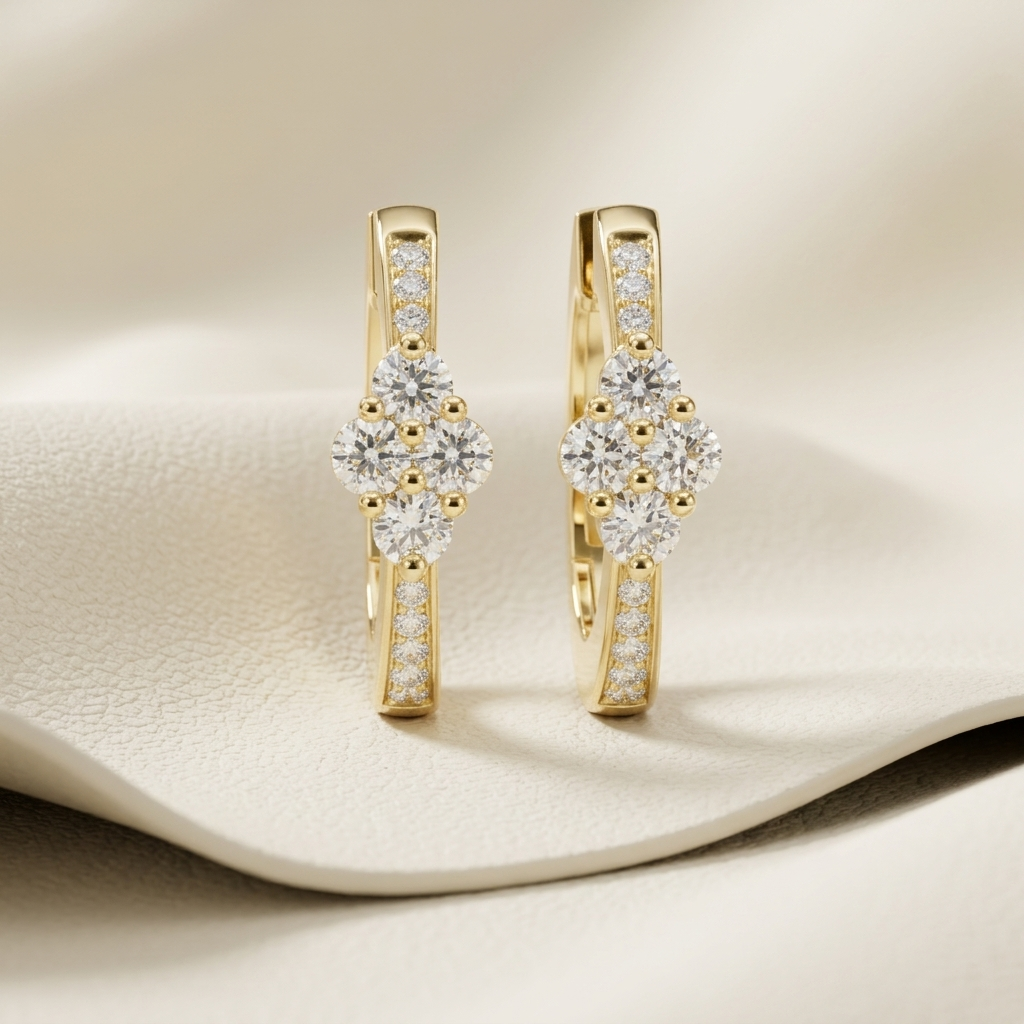 Yellow gold diamond hoop earrings featuring a brilliant floral cluster centerpiece.
Elegant floral diamond hoop earrings crafted in polished yellow gold.
Luxury yellow gold hoop earrings with sparkling flower-shaped diamond accents.
Fine jewelry diamond floral hoop earrings adorned with brilliant round diamonds.
Contemporary yellow gold hoop earrings showcasing a radiant diamond flower design.
Premium floral cluster diamond hoop earrings with a polished yellow gold finish.
Designer yellow gold diamond hoop 