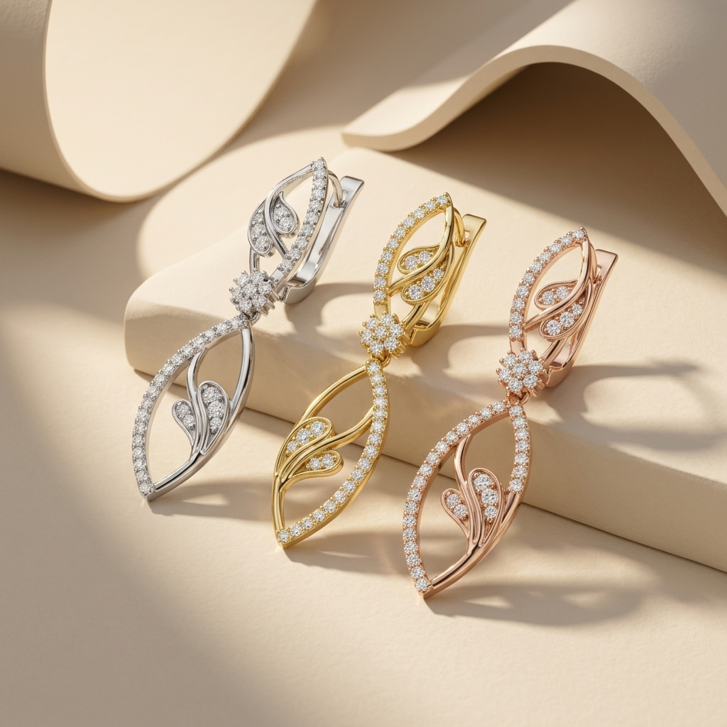 Elegant diamond floral leaf drop earrings in white, yellow, and rose gold.
Luxury leaf-inspired diamond drop earrings with sparkling floral accents.
Fine jewelry diamond leaf earrings featuring an elegant openwork design.
Contemporary floral diamond drop earrings crafted in three gold finishes.
Designer diamond leaf dangle earrings with brilliant pavé detailing.
Premium gold floral leaf earrings adorned with shimmering diamonds.
Stylish diamond drop earrings showcasing delicate leaf and flower motifs.
Handc