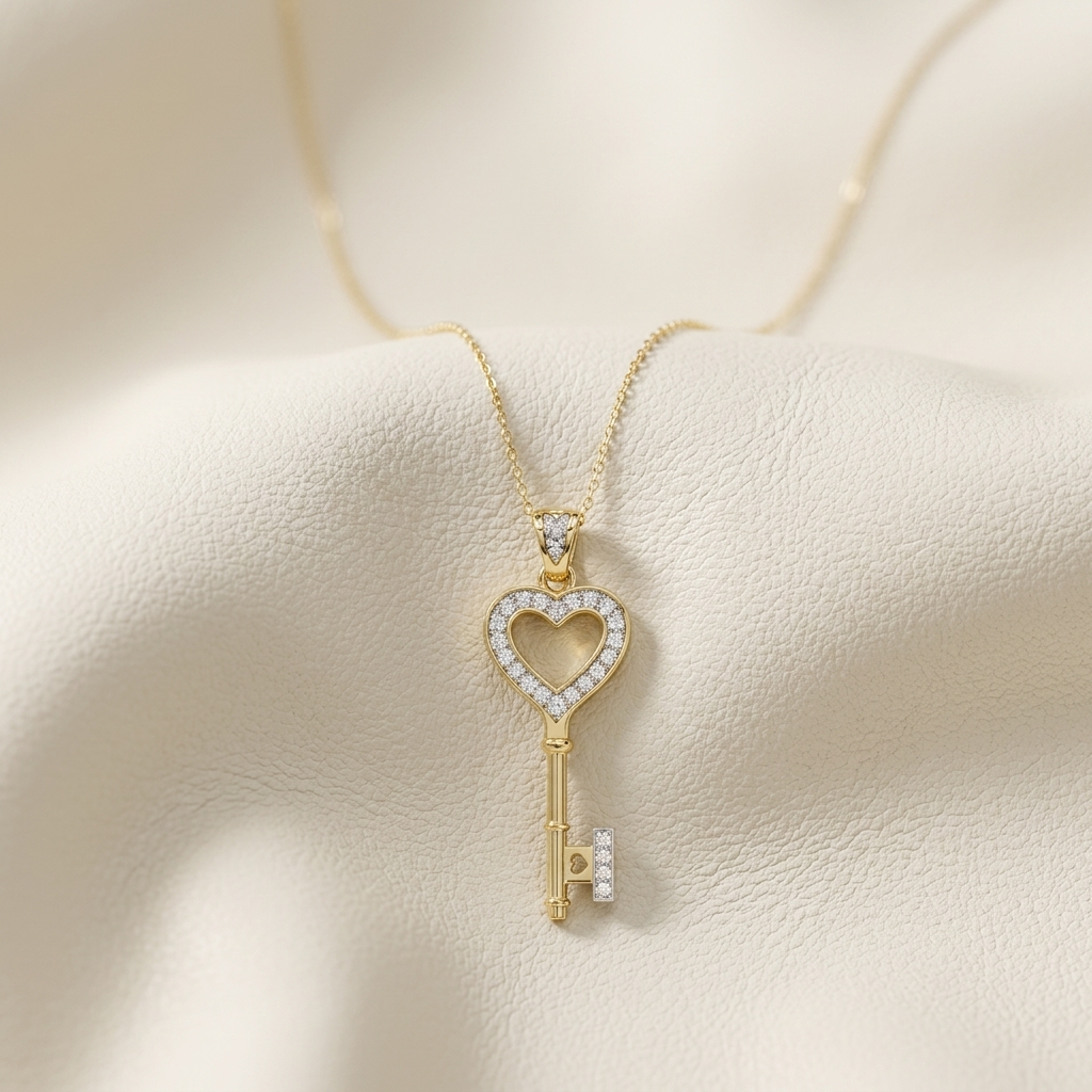 Yellow gold diamond heart key pendant necklace
Elegant heart shaped key pendant with pavé diamonds
Luxury yellow gold heart key necklace close up
Fine jewelry diamond heart key pendant on gold chain
Contemporary heart key pendant featuring sparkling diamonds
Premium yellow gold key necklace with diamond heart design
Designer diamond heart key pendant for women
Romantic yellow gold heart key pendant on soft background
Stylish heart key necklace with shimmering diamond details
Modern yellow gold diamond key p