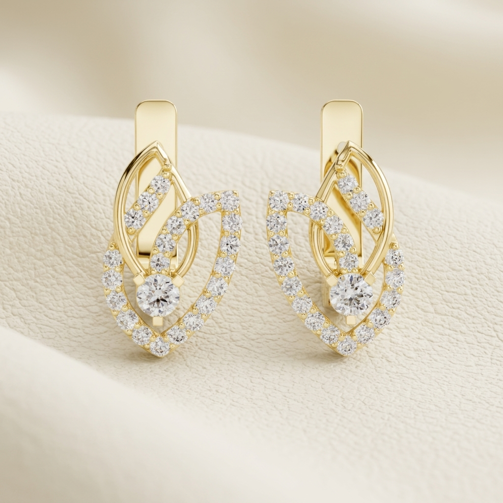 Elegant yellow gold diamond leaf drop earrings with brilliant round diamond accents.
Luxury leaf-inspired diamond earrings crafted in polished yellow gold.
Fine jewelry yellow gold drop earrings featuring an open leaf diamond design.
Contemporary diamond leaf earrings with sparkling pavé detailing in yellow gold.
Designer yellow gold earrings showcasing graceful leaf motifs and brilliant diamonds.
Premium yellow gold diamond drop earrings with an elegant nature-inspired style.
Handcrafted leaf-shaped diamon