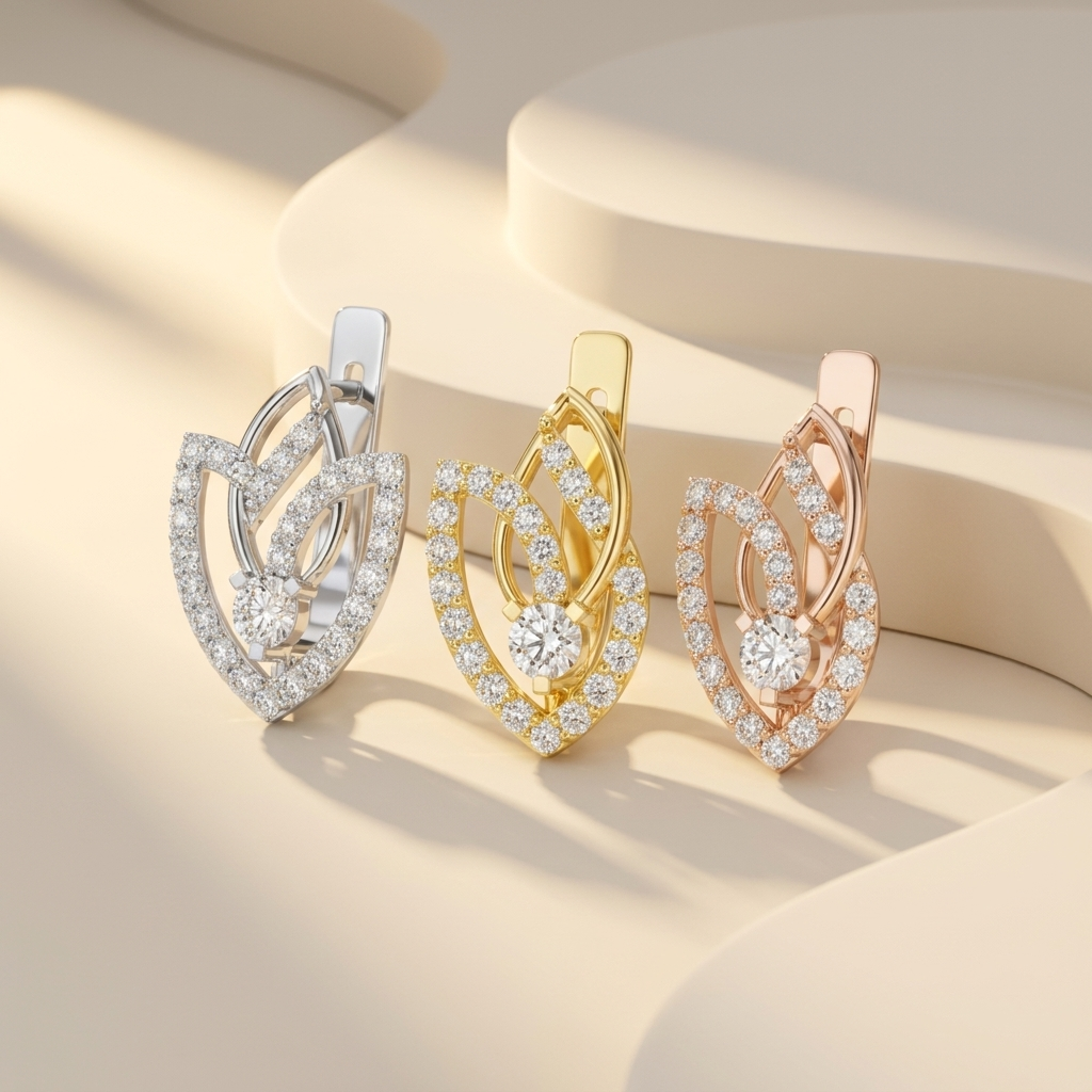 Diamond leaf earrings displayed in white, yellow, and rose gold finishes.
Luxury leaf-inspired diamond earrings crafted in white, yellow, and rose gold.
Elegant diamond leaf drop earrings showcasing three premium gold tones.
Fine jewelry leaf motif earrings with brilliant diamonds in three gold finishes.
Contemporary diamond leaf earrings featuring white, yellow, and rose gold designs.
Premium diamond leaf earrings with sparkling pavé details in three gold colors.
Designer leaf-shaped diamond earrings prese