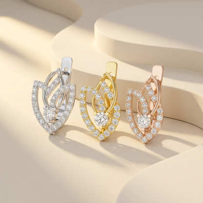 Diamond leaf earrings displayed in white, yellow, and rose gold finishes.
Luxury leaf-inspired diamond earrings crafted in white, yellow, and rose gold.
Elegant diamond leaf drop earrings showcasing three premium gold tones.
Fine jewelry leaf motif earrings with brilliant diamonds in three gold finishes.
Contemporary diamond leaf earrings featuring white, yellow, and rose gold designs.
Premium diamond leaf earrings with sparkling pavé details in three gold colors.
Designer leaf-shaped diamond earrings prese