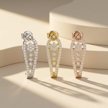 Diamond open drop earrings in white yellow and rose gold
Luxury diamond earrings in three gold finishes
White yellow and rose gold drop earrings
Premium open frame diamond earring collection
Fine jewelry diamond earrings comparison
Elegant pavé diamond drop earrings display
Modern diamond dangle earrings collection
Sparkling gold drop earrings showcase
Designer diamond earrings in three metal tones
Contemporary diamond drop earring collection