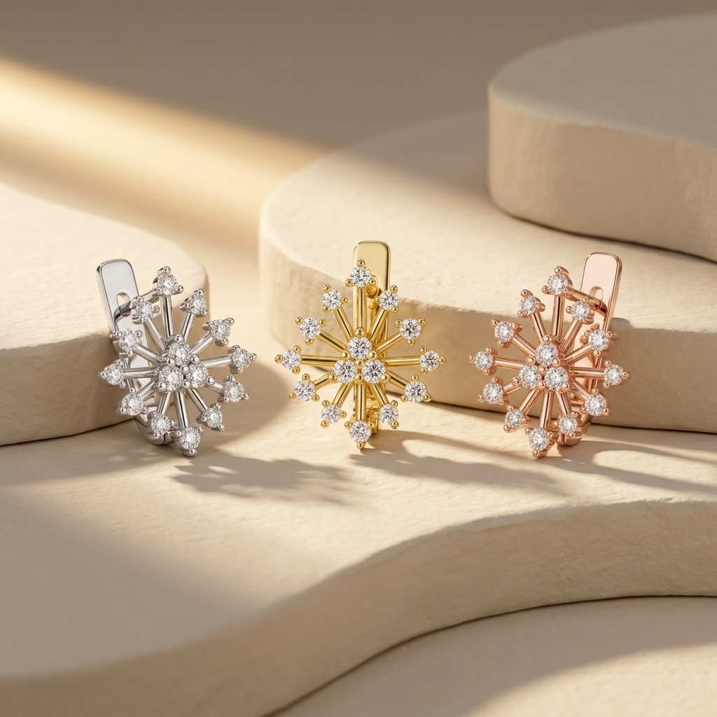 Diamond snowflake earrings available in white, yellow, and rose gold finishes.
Luxury snowflake diamond earrings crafted in white, yellow, and rose gold.
Elegant starburst diamond earrings showcased in three premium gold tones.
Fine jewelry snowflake earrings featuring brilliant round diamonds in three gold finishes.
Contemporary diamond snowflake earrings displayed in white, yellow, and rose gold.
Premium star-inspired diamond earrings with sparkling accents in three gold colors.
Designer snowflake stud ea