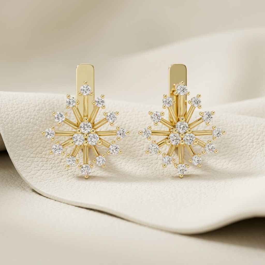 Yellow gold diamond snowflake stud earrings with a sparkling starburst design.
Elegant snowflake-inspired diamond earrings crafted in polished yellow gold.
Luxury diamond floral star earrings featuring brilliant round diamond accents.
Fine jewelry yellow gold snowflake earrings with a radiant diamond pattern.
Contemporary diamond starburst stud earrings in a refined yellow gold finish.
Premium yellow gold diamond earrings showcasing a dazzling snowflake motif.
Designer snowflake diamond earrings with brilli