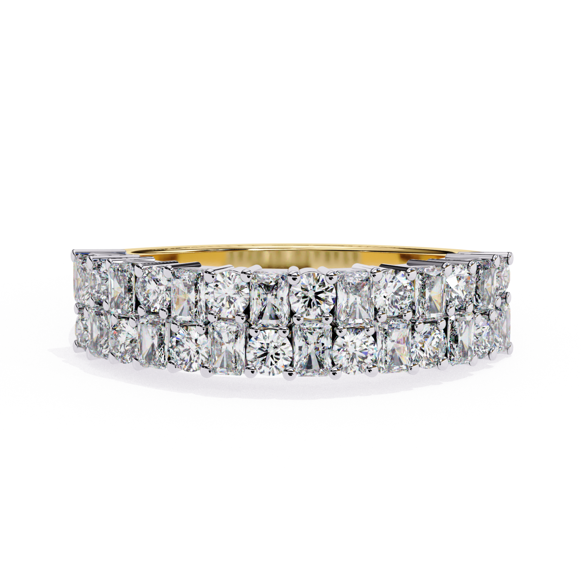 Front view of double row diamond band in yellow gold