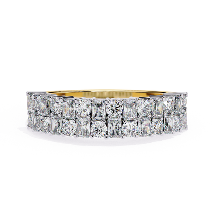 Front view of double row diamond band in yellow gold