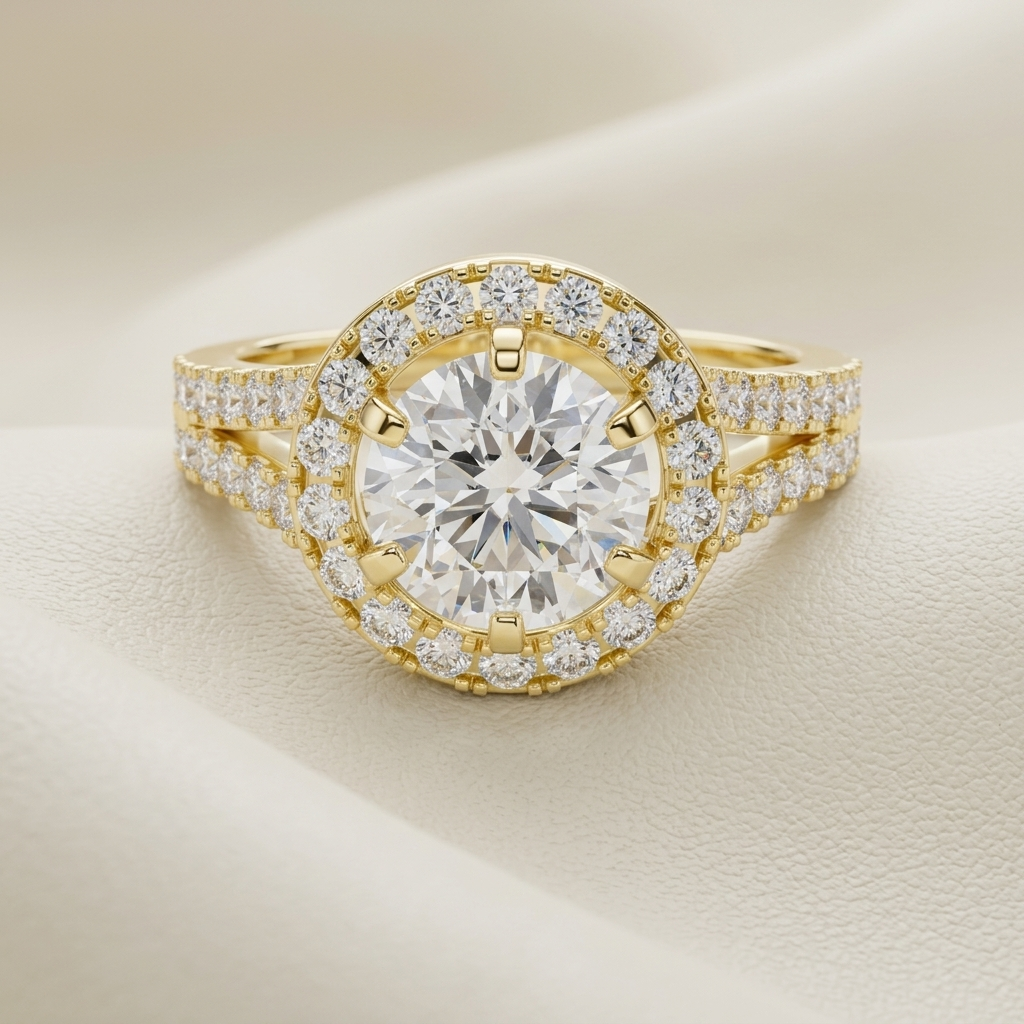 Yellow gold double halo diamond ring featuring a brilliant round center diamond.
Elegant yellow gold halo diamond ring with a sparkling round solitaire centerpiece.
Luxury double halo diamond engagement ring crafted in polished yellow gold.
Fine jewelry round diamond ring with a double halo and pavé diamond band.
Contemporary yellow gold diamond ring featuring a brilliant round center stone and halo setting.
Premium yellow gold engagement ring with double halo diamonds and a split pavé band.
Designer double