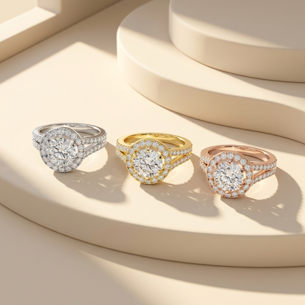 Double halo diamond rings in three gold tones.
White, yellow, and rose gold halo rings.
Round halo diamond ring collection.
Triple gold halo diamond rings.
Halo solitaire rings in three finishes.
Diamond halo rings with pavé bands.
Elegant halo diamond ring collection.
Luxury halo engagement rings.
Brilliant halo rings in three gold colors.
Round diamond halo rings trio.