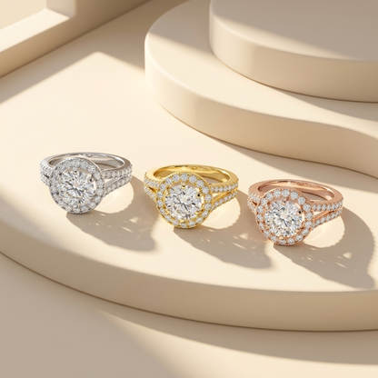 Double halo diamond rings in three gold tones.
White, yellow, and rose gold halo rings.
Round halo diamond ring collection.
Triple gold halo diamond rings.
Halo solitaire rings in three finishes.
Diamond halo rings with pavé bands.
Elegant halo diamond ring collection.
Luxury halo engagement rings.
Brilliant halo rings in three gold colors.
Round diamond halo rings trio.