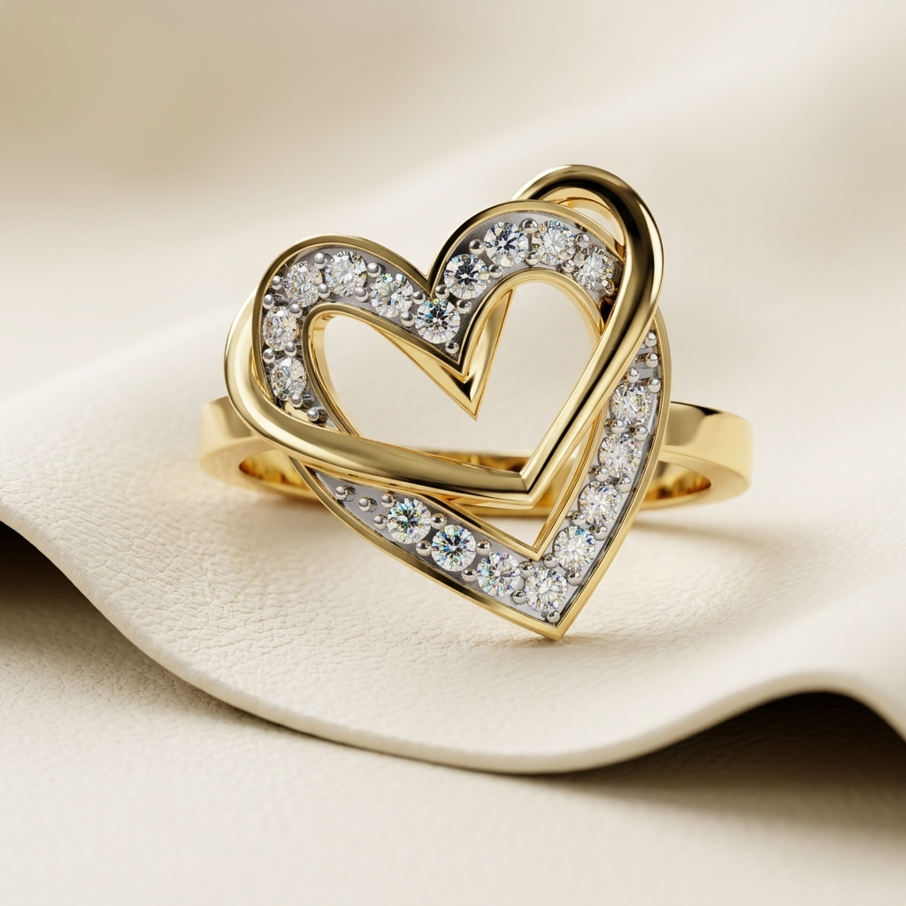 Yellow gold double heart diamond halo statement ring
Elegant layered open heart ring with sparkling diamond halo
Luxury yellow gold double heart diamond fashion ring
Fine jewelry open heart ring with pavé diamond accents
Contemporary double heart statement ring in yellow gold
Premium layered heart diamond ring with modern open design
Designer double heart halo ring close up
Romantic yellow gold heart ring with brilliant diamond detailing
Stylish open double heart diamond ring on soft background
Modern yello