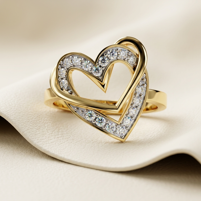 Yellow gold double heart diamond halo statement ring
Elegant layered open heart ring with sparkling diamond halo
Luxury yellow gold double heart diamond fashion ring
Fine jewelry open heart ring with pavé diamond accents
Contemporary double heart statement ring in yellow gold
Premium layered heart diamond ring with modern open design
Designer double heart halo ring close up
Romantic yellow gold heart ring with brilliant diamond detailing
Stylish open double heart diamond ring on soft background
Modern yello