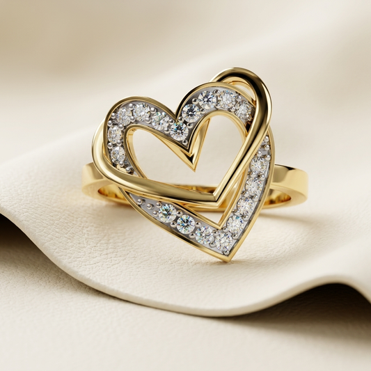Yellow gold double heart diamond halo statement ring
Elegant layered open heart ring with sparkling diamond halo
Luxury yellow gold double heart diamond fashion ring
Fine jewelry open heart ring with pavé diamond accents
Contemporary double heart statement ring in yellow gold
Premium layered heart diamond ring with modern open design
Designer double heart halo ring close up
Romantic yellow gold heart ring with brilliant diamond detailing
Stylish open double heart diamond ring on soft background
Modern yello