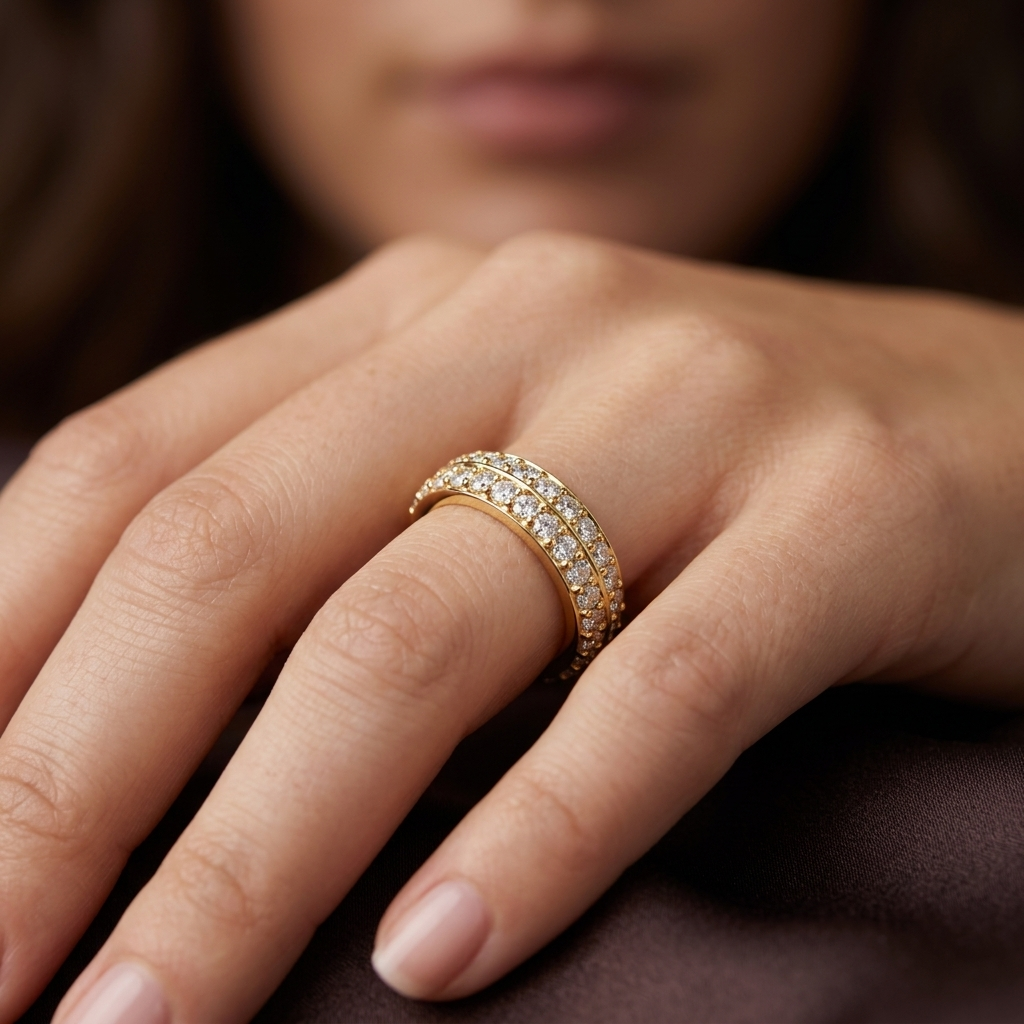 Double row diamond band ring close up
Gold diamond band ring on finger
Elegant double line diamond ring
Luxury diamond band ring design
Premium gold diamond band style
Sparkling double row diamond ring
Fine jewelry diamond band close view
Stylish gold ring with two rows diamonds
Beautiful diamond band ring detail
Classic double diamond band ring