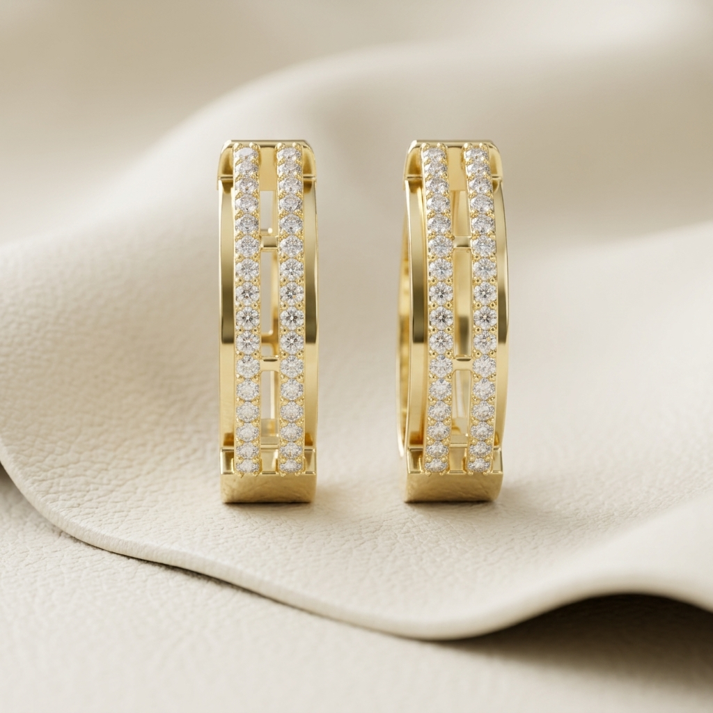 Double row diamond hoop earrings in yellow gold
Luxury yellow gold diamond hoop earrings
Elegant double line diamond hoops
Fine jewelry diamond hoop earrings
Premium double row gold hoop earrings
Modern diamond hoop earrings
Sparkling yellow gold hoop earrings
Contemporary diamond hoop jewelry
Designer double row diamond hoops
Classic yellow gold diamond earrings
