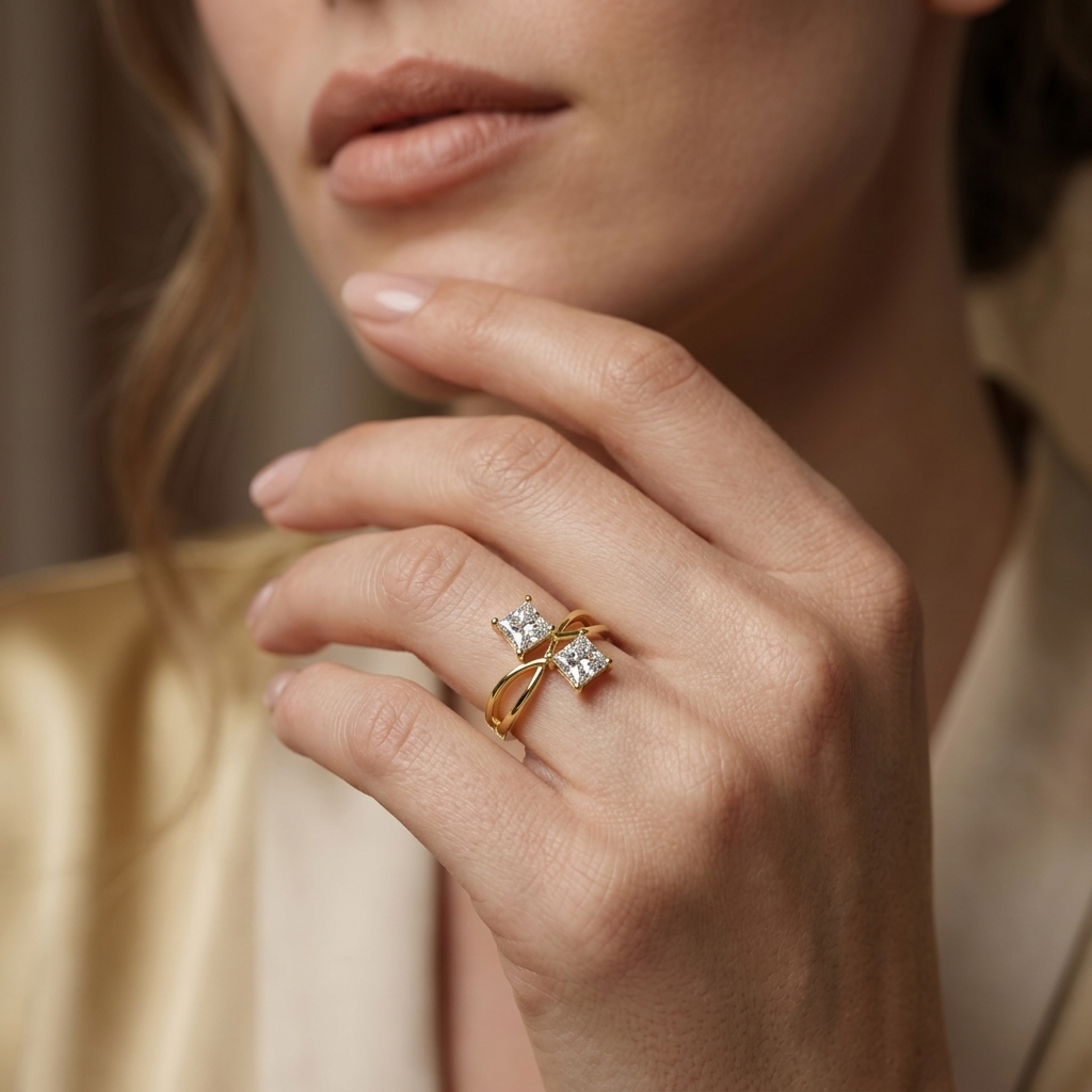 Close-up of hand wearing infinity twist diamond ring
Stylish gold ring with dual square diamonds
Elegant hand pose with modern crossover ring
Fine jewelry ring with clean infinity design
Contemporary gold ring with sparkling diamond tips
Sophisticated ring worn in natural lighting
Minimal luxury ring with geometric diamond style
Premium gold ring with balanced open design
Designer ring showcased on elegant hand
Modern infinity ring with dual diamond setting