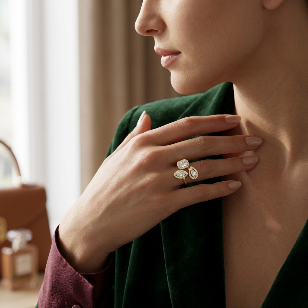 Stylish gold ring with mixed shape diamonds on hand
Elegant ring featuring oval, pear, and emerald cut diamonds
Fine jewelry gold ring with unique multi-stone design
Luxury lifestyle shot of modern diamond statement ring
Designer gold ring with halo-set diamond shapes
Contemporary ring with artistic diamond arrangement
Premium gold ring with three distinct diamond cuts
Close-up of hand wearing a bold diamond cluster ring
Sophisticated statement ring with mixed diamond styles
High-end gold ring with sparklin