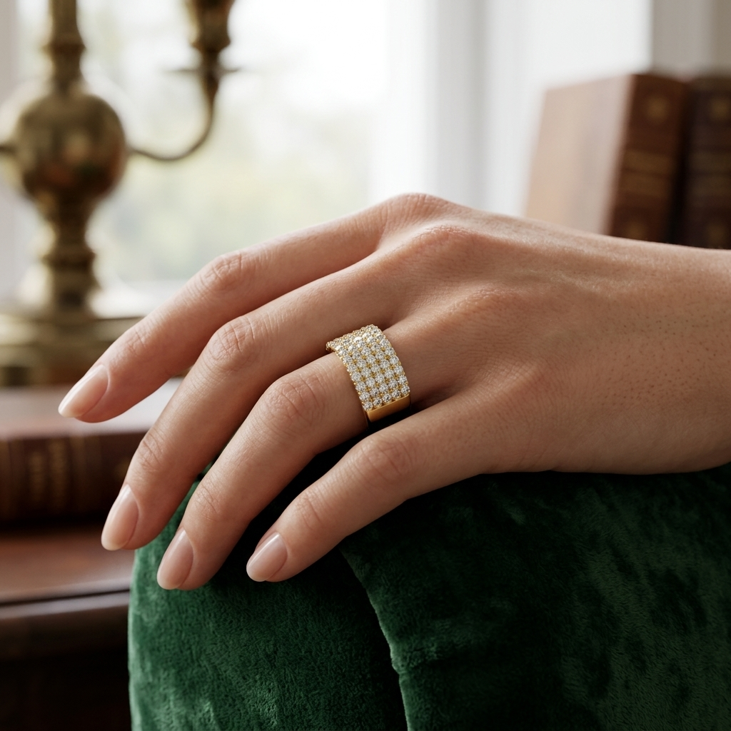 Elegant multi row diamond gold ring
Wide yellow gold diamond ring on finger
Luxury pavé diamond band lifestyle image
Modern wide gold statement ring
Premium diamond ring worn on hand
Fine jewelry multi row diamond band
Contemporary yellow gold ring close up
Sparkling diamond ring lifestyle photo
Wide pavé diamond band for women
Luxury gold diamond fashion ring