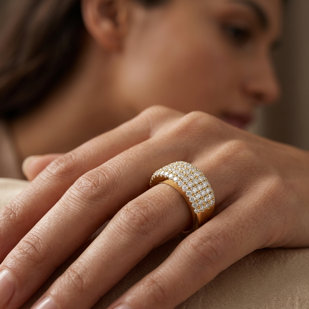 Elegant pavé diamond gold band ring
Wide yellow gold diamond ring close up
Luxury multi row diamond band
Fine jewelry statement ring on finger
Sparkling pavé diamond fashion ring
Premium yellow gold wide band
Modern diamond ring lifestyle photo
Brilliant round diamond band ring
Contemporary gold pavé ring
Luxury diamond jewelry close up