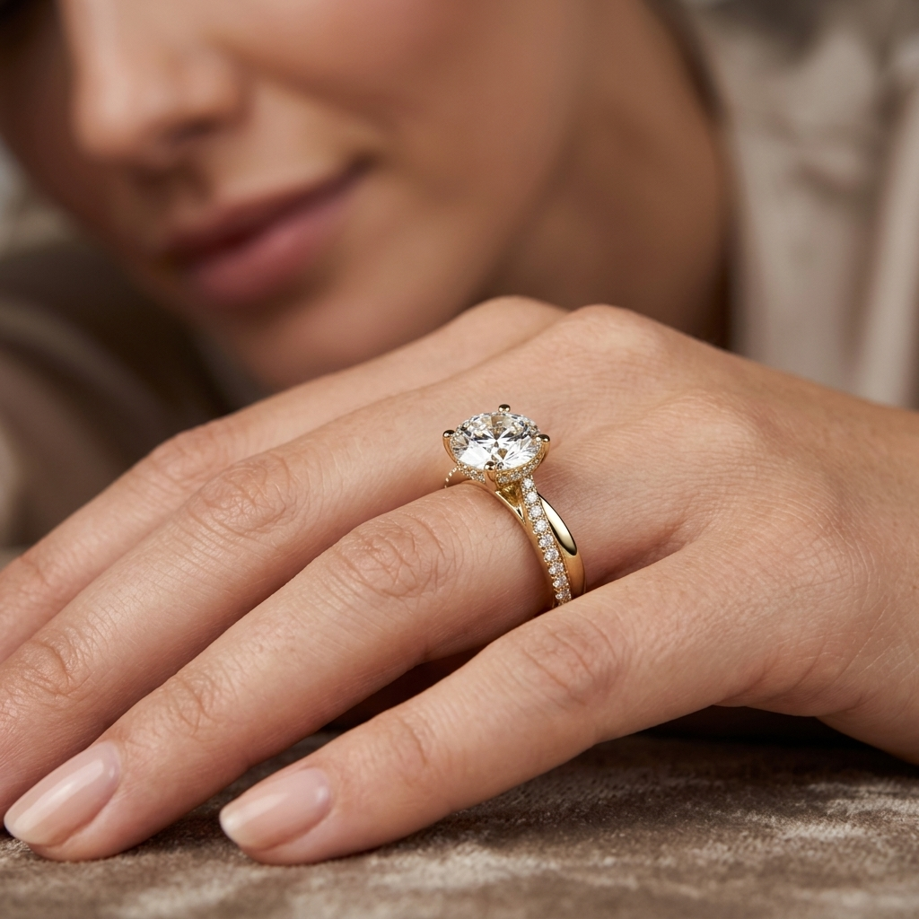 Close-up of hand wearing a classic solitaire diamond ring
Elegant lifestyle shot with gold engagement ring
Woman wearing a round diamond ring with pavé band
Fine jewelry ring styled in a soft natural setting
Sophisticated hand pose highlighting diamond ring
Minimal gold ring with brilliant center stone on hand
Luxury engagement ring showcased in lifestyle image
Contemporary styling with timeless diamond ring
Premium solitaire ring worn in elegant portrait
Soft focus image of hand with sparkling diamond ring