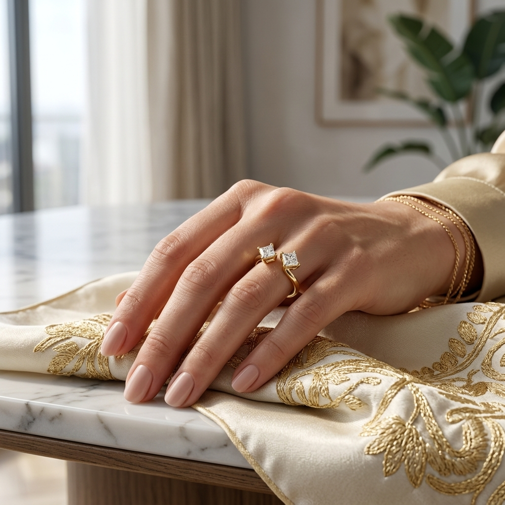 Delicate gold ring with two princess cut diamonds on hand
Minimal open band ring with dual square diamond setting
Stylish gold ring featuring twin diamond design
Fine jewelry piece with clean and modern diamond layout
Contemporary open ring with balanced diamond placement
Close-up of elegant hand wearing a dual diamond ring
Sophisticated gold ring with simple yet bold diamond look
Luxury lifestyle shot of minimal diamond ring style
Modern gold ring with sleek twin diamond structure
Premium open band ring wi