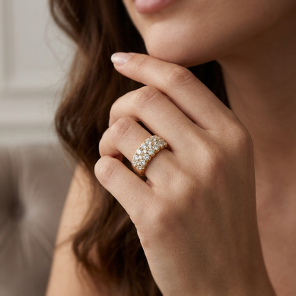 Elegant wide diamond band ring on finger
Yellow gold pavé diamond ring close up
Luxury multi row diamond band lifestyle
Premium statement ring with diamonds
Fine jewelry gold band for women
Sparkling round diamond gold ring
Contemporary diamond fashion ring
Modern yellow gold diamond band
Wide diamond ring worn on hand
Luxury pavé diamond jewelry
