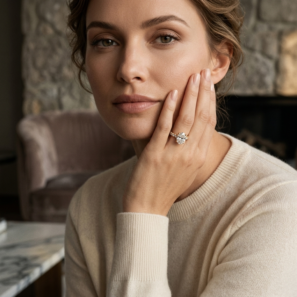 Elegant woman wearing diamond ring
Beautiful female portrait with diamond ring
Luxury diamond ring on woman hand
Natural beauty with engagement ring
Woman touching face with diamond ring
Premium jewelry on female hand
Classy woman with elegant ring
Minimal beauty with diamond jewelry
Glamorous woman portrait with ring
Fine jewelry diamond ring close up