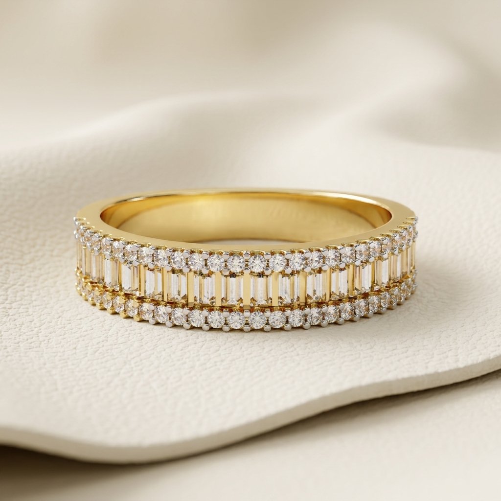 Yellow gold wide band ring with emerald cut diamond center row
Triple row diamond ring featuring vertical baguette style stones
Elegant gold band framed by sparkling round diamond borders
Wide diamond ring showcasing aligned rectangular stone accents
Luxury yellow gold band with geometric diamond channel design
Brilliant multi row ring combining elongated and round diamonds
Structured diamond band featuring a central row of emerald cut stones
Fine jewelry gold ring with symmetrical triple diamond detailing

