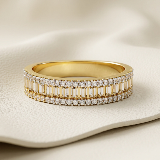Yellow gold wide band ring with emerald cut diamond center row
Triple row diamond ring featuring vertical baguette style stones
Elegant gold band framed by sparkling round diamond borders
Wide diamond ring showcasing aligned rectangular stone accents
Luxury yellow gold band with geometric diamond channel design
Brilliant multi row ring combining elongated and round diamonds
Structured diamond band featuring a central row of emerald cut stones
Fine jewelry gold ring with symmetrical triple diamond detailing
