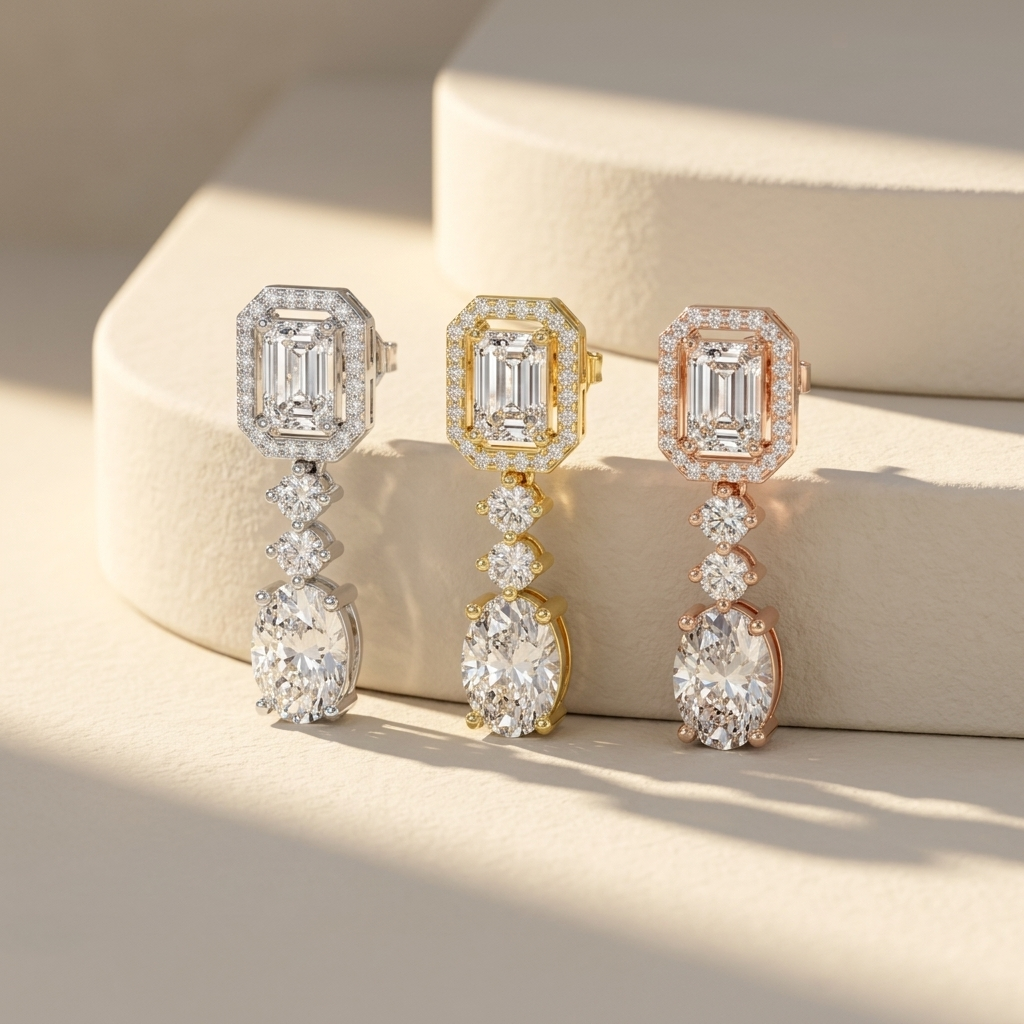 Emerald cut diamond drop earrings in white yellow and rose gold
Luxury diamond drop earrings three metal collection
White yellow and rose gold emerald diamond earrings
Premium bridal diamond earrings comparison
Fine jewelry drop earrings in three gold tones
Elegant halo diamond earring collection
Modern emerald cut diamond earrings display
Sparkling luxury drop earrings assortment
Designer diamond dangle earrings in three finishes
Classic emerald cut diamond earrings collection