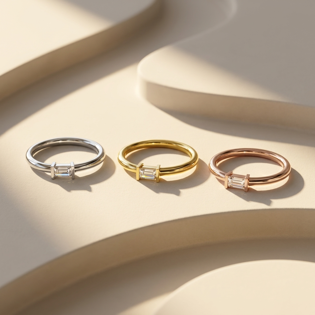 Emerald cut diamond rings in three gold colors
White yellow and rose gold emerald cut ring collection
Emerald cut solitaire rings in multiple metal finishes
Luxury emerald cut diamond ring collection display
Minimalist emerald cut diamond ring trio
Fine jewelry emerald cut ring collection
Three metal emerald cut engagement rings
Elegant emerald cut diamond ring comparison
Modern emerald cut solitaire ring collection
Premium emerald cut diamond rings showcase
