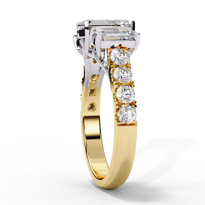 Emerald cut diamond with side diamonds
Three stone ring with diamonds on the band
Emerald center stone with diamond accents
Diamond ring with emerald cut center
Yellow and white gold three stone ring
Elegant three stone diamond band
Emerald diamond ring with side stones
Three stone diamond ring in gold
Diamond ring with emerald center
Gold ring with emerald and side diamonds