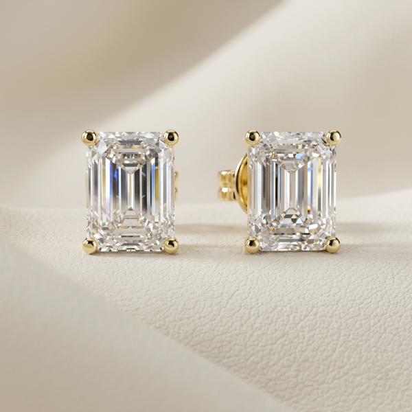 Emerald Cut Lab Grown Diamond Solitaire Stud Earrings in yellow gold